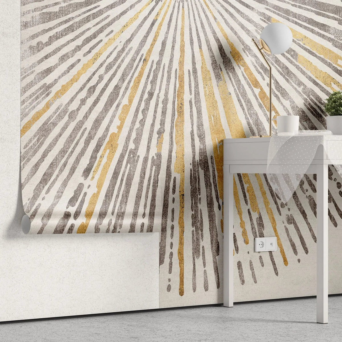 Tapet personalizat fine art cu dungi radiante argintii cu detalii aurii silver goddess