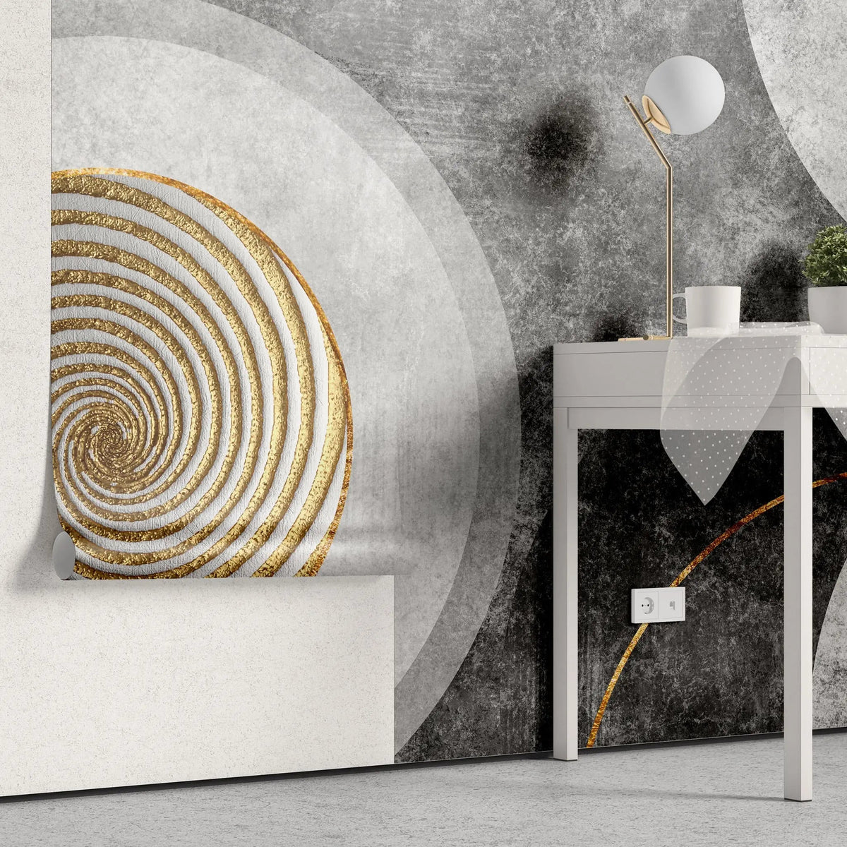 Tapet personalizat fine art cu elemente artistice in nuante inchise si aurii dark sand circle