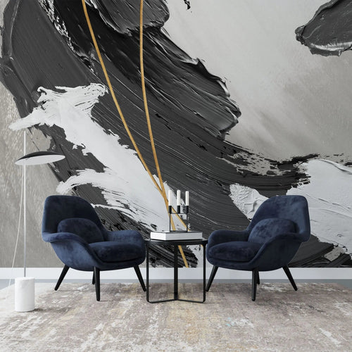 Tapet personalizat fine art cu vopsea acrilica neagra si dungi aurii black acrylic