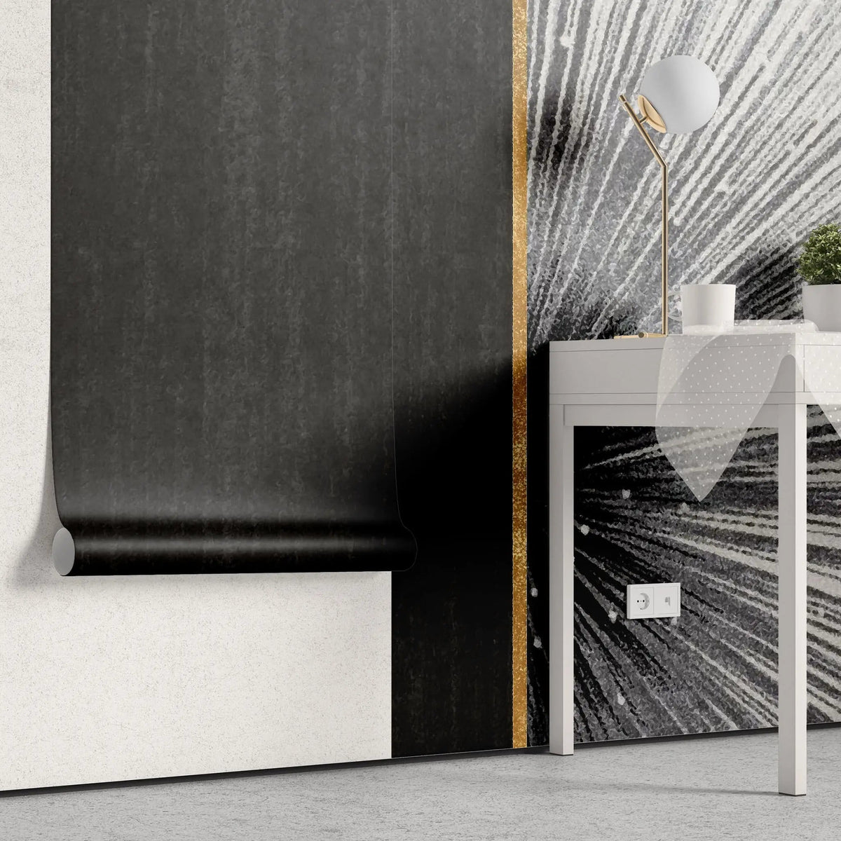 Tapet personalizat fine art cu elemente artistice abstracte in nuante de negru si detalii aurii black radius