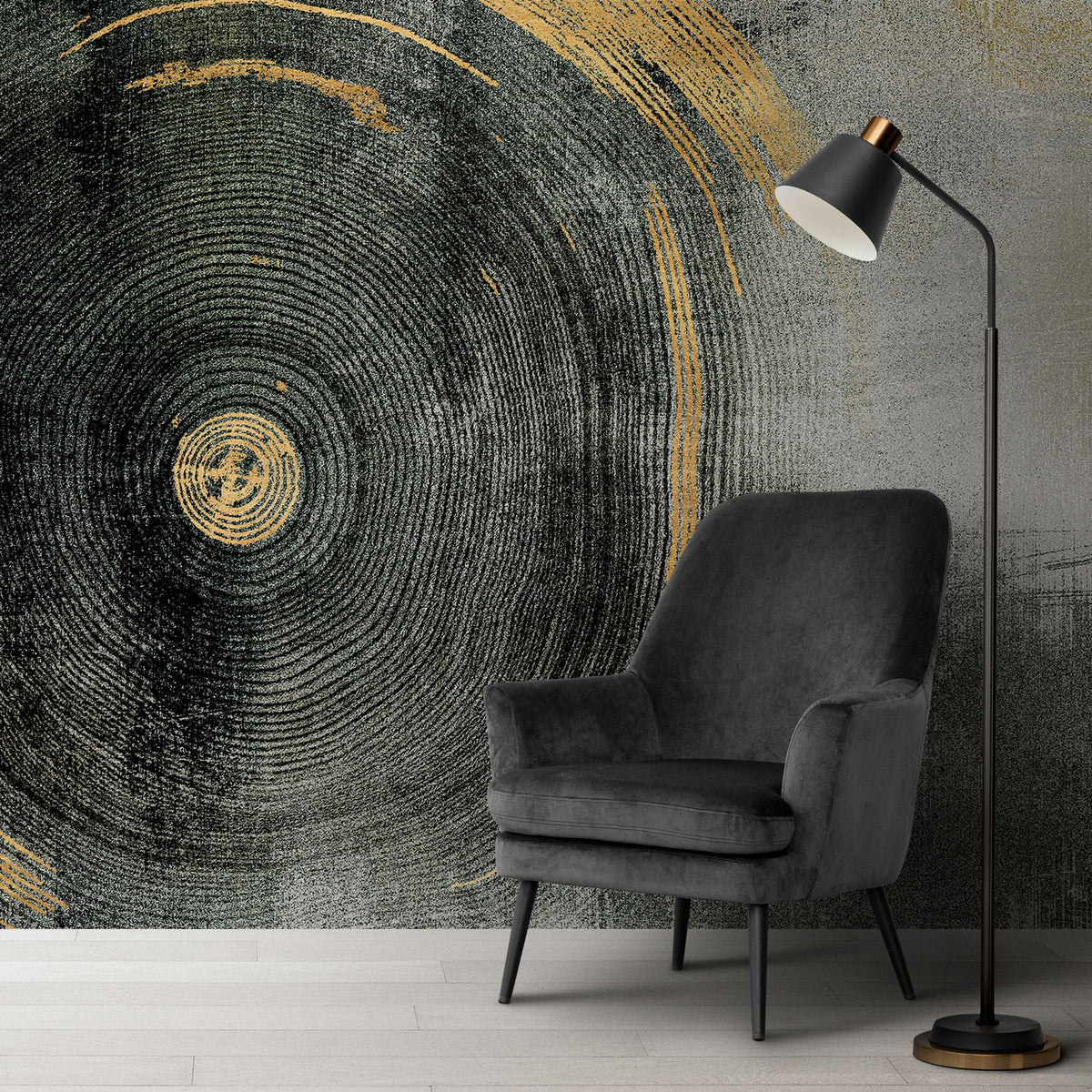 Tapet personalizat fine art cu dungi circulare in nuante de negru cu detalii aurii black sand circle