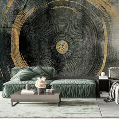 Tapet personalizat fine art cu dungi circulare in nuante de negru cu detalii aurii black sand circle