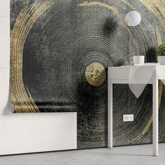 Tapet personalizat fine art cu dungi circulare in nuante de negru cu detalii aurii black sand circle