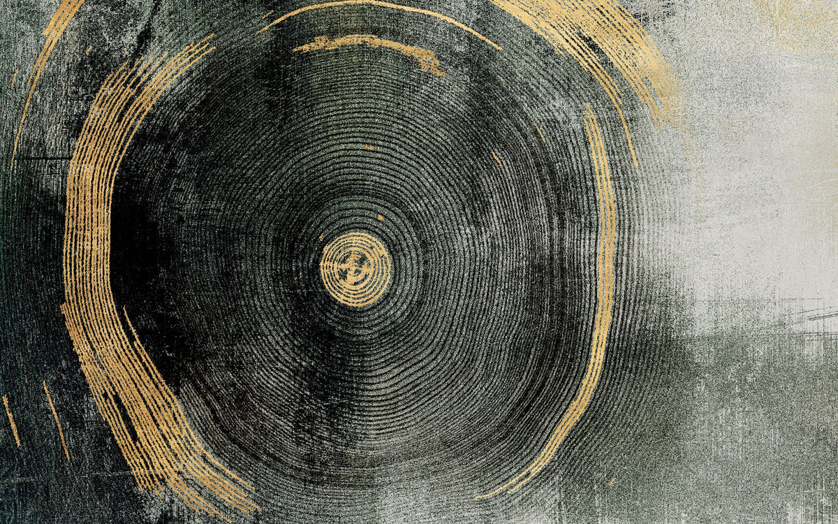 Tapet personalizat fine art cu dungi circulare in nuante de negru cu detalii aurii black sand circle