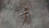 Tapet personalizat fine art cu balerina gratioasa pe un fundal gri inchis si accente aramii combinate cu textura in stil stucco