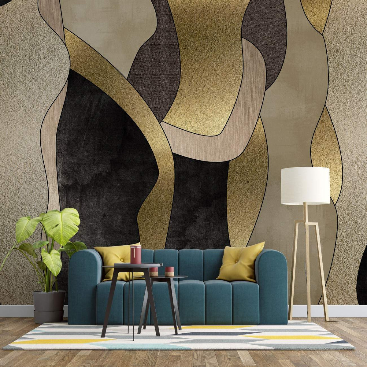 Tapet personalizat fine art cu forme geometrice verticale de diferite texturi aurii negre si bej sidefate combinate intr un stil elegant si rafinat