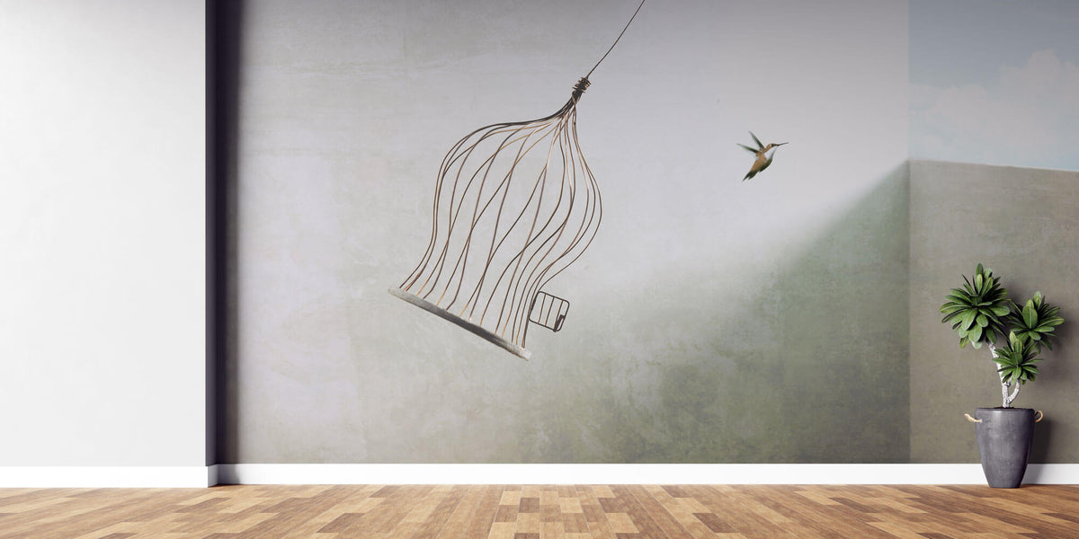 Tapet Personalizat Fine Art cu pasare salbatica evadand din colivie - BIRDCAGE FREE
