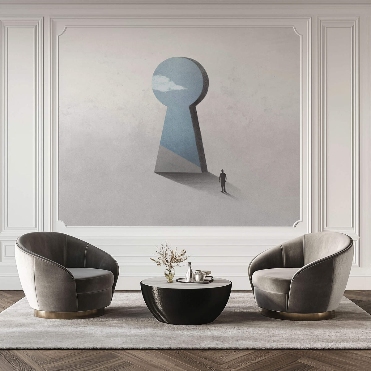 Tapet Personalizat Fine Art cu inspiratie minimalist abstracta cu om pasind catre cer prin gaura cheii - SKY KEYHOLE
