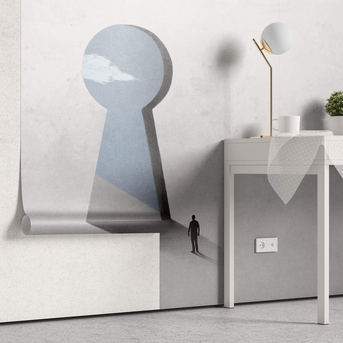 Tapet Personalizat Fine Art cu inspiratie minimalist abstracta cu om pasind catre cer prin gaura cheii - SKY KEYHOLE