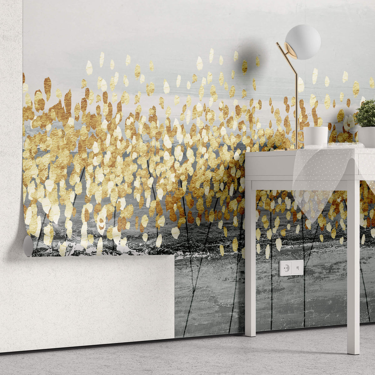 Tapet Personalizat Fine Art cu copaci abstracti cu frunze aurii - GOLDEN PLASTER LEAVES