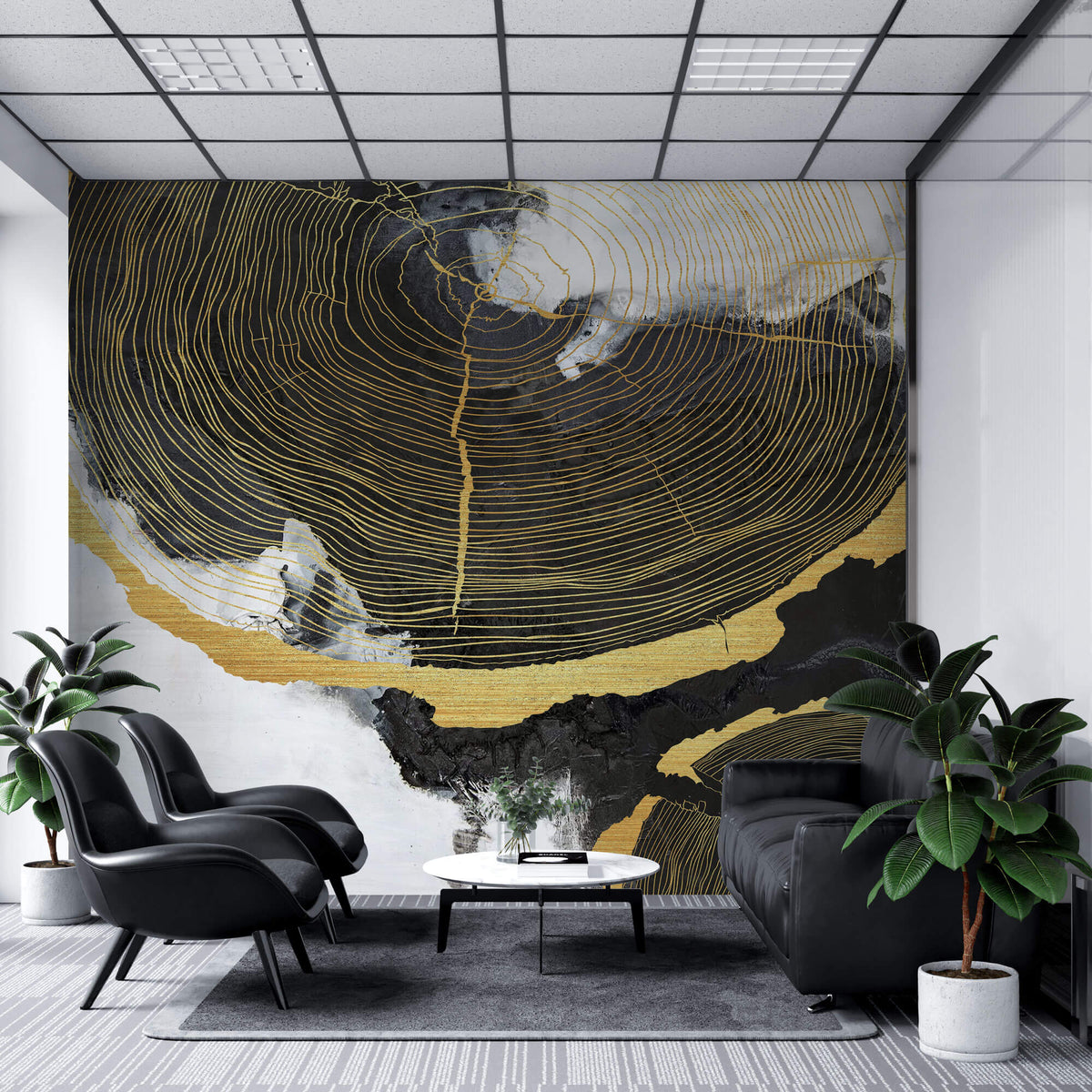 Tapet Personalizat Fine Art cu sectiuni de rondele de lemn aurii si fundal pictat cu acril - GOLDEN WOOD SECTIONS
