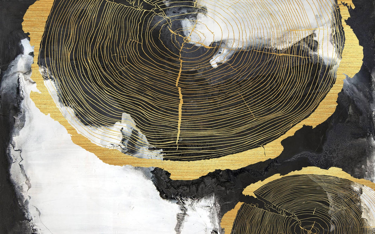 Tapet Personalizat Fine Art cu sectiuni de rondele de lemn aurii si fundal pictat cu acril - GOLDEN WOOD SECTIONS