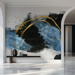Tapet Personalizat Fine Art cu pictura artistica de accent in nuante de albastru negru si auriu 1 - TEXTURED SPLASH UP
