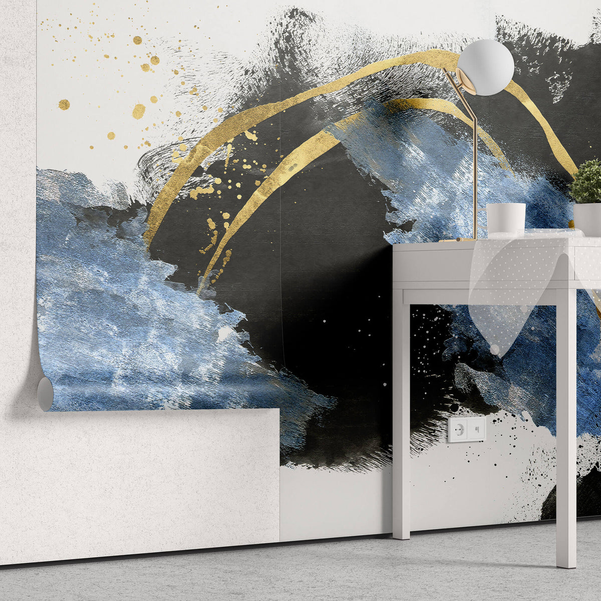 Tapet Personalizat Fine Art cu pictura artistica de accent in nuante de albastru negru si auriu 1 - TEXTURED SPLASH UP