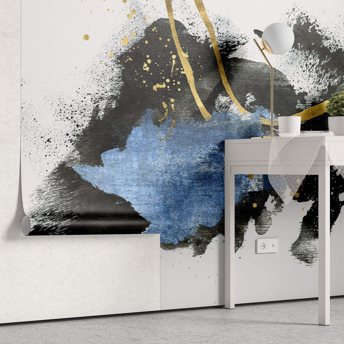 Tapet Personalizat Fine Art cu pictura artistica de accent in nuante de albastru negru si auriu 2 - TEXTURED SPLASH DOWN