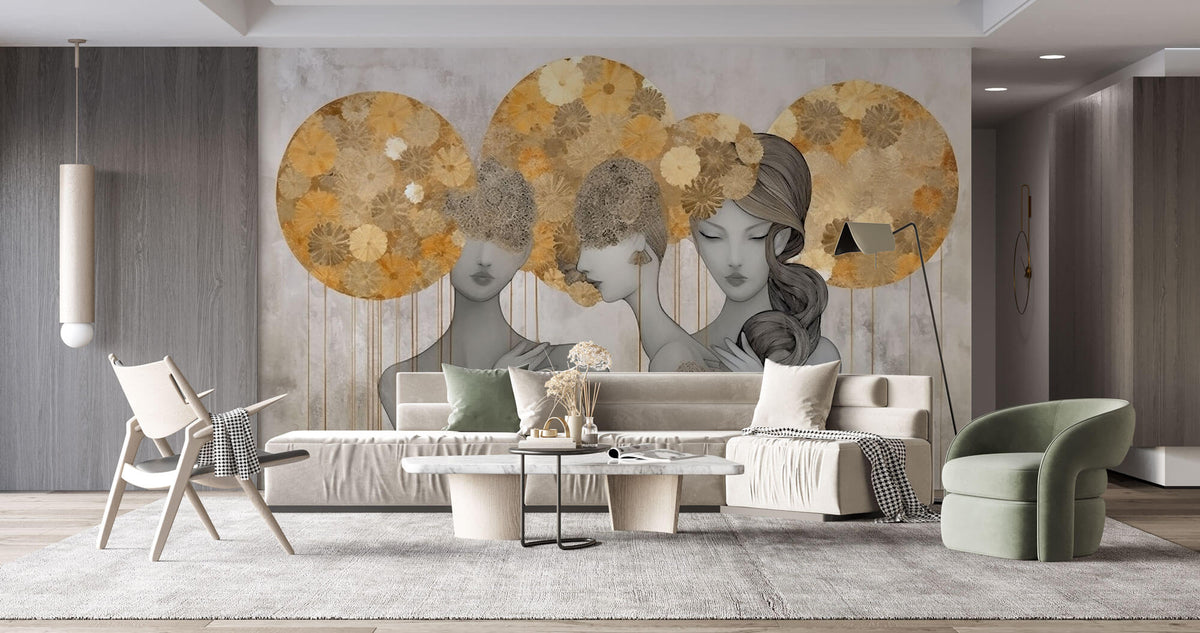 Tapet Personalizat Fine Art cu 3 siluete feminine si elemente florale pe fundal texturat - GOLDEN AURA