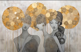 Tapet Personalizat Fine Art cu 3 siluete feminine si elemente florale pe fundal texturat - GOLDEN AURA