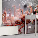 Tapet personalizat fotografie cu pasari flamingo intr un cadru de natura inzapezita snowy flamingo