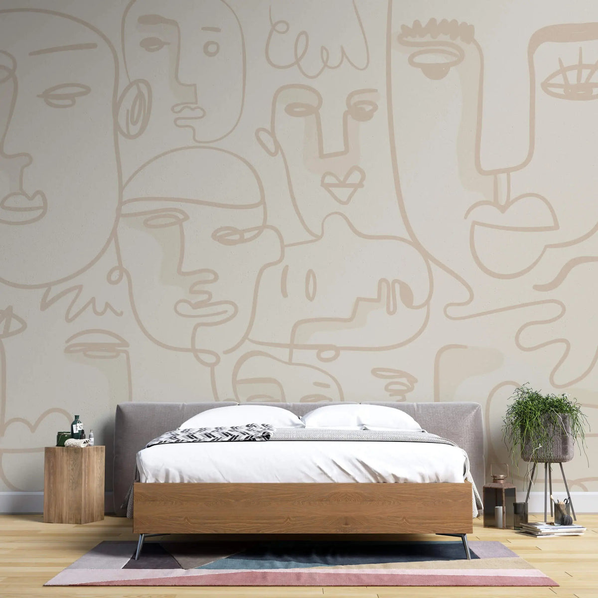 Tapet personalizat line art cu fete in nuante de bej face line art