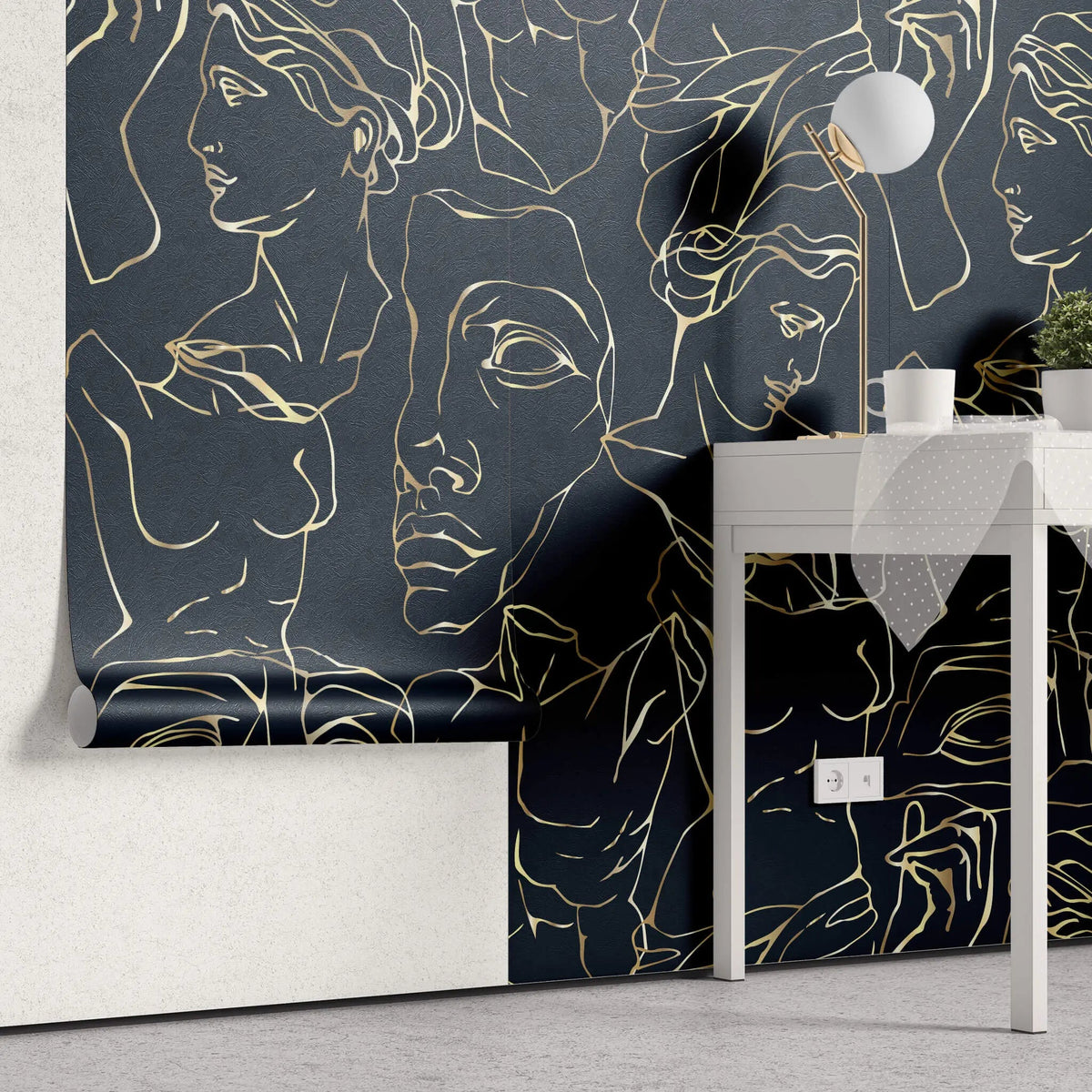 Tapet personalizat line art cu statui grecesti aurii pe fundal bleumarin golden greek sculpture