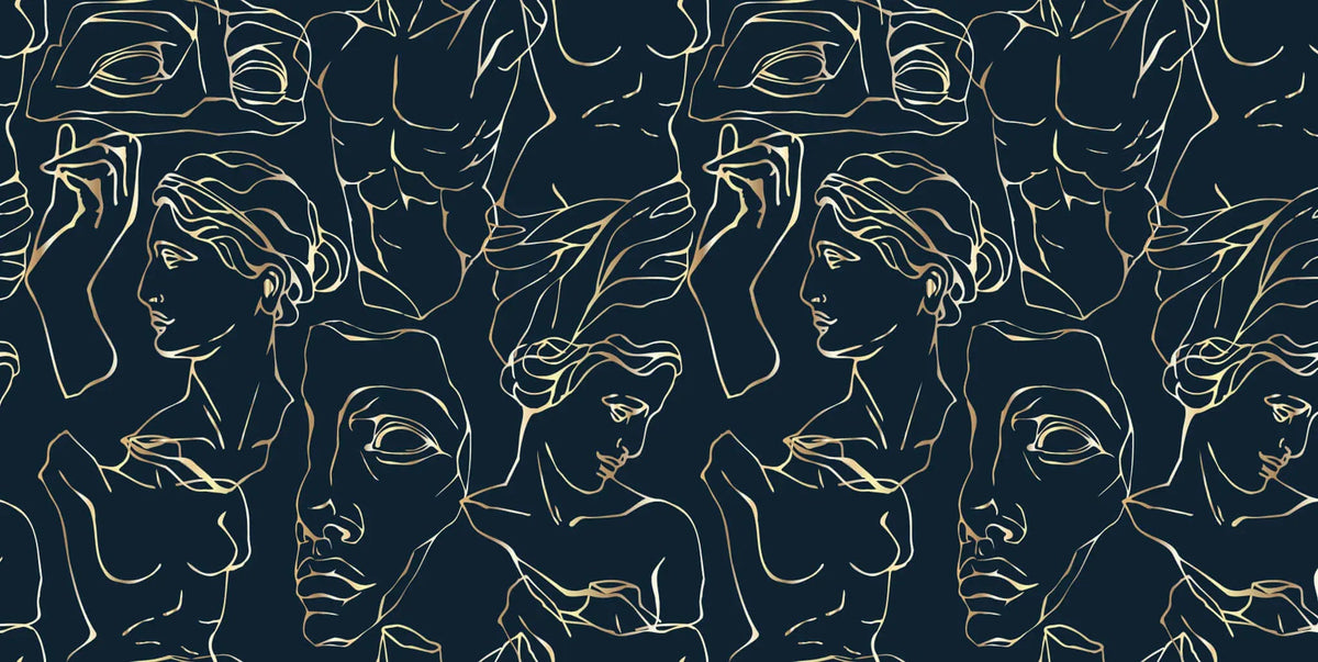 Tapet personalizat line art cu statui grecesti aurii pe fundal bleumarin golden greek sculpture