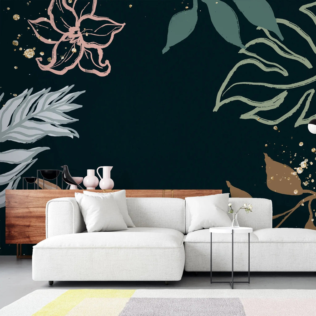 Tapet personalizat line art cu frunze colorate pe un fundal inchis dark leaves