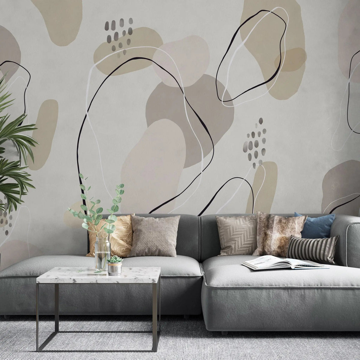 Tapet personalizat line art cu linii si puncte in nuante de bej si roz pudrat lines & dots