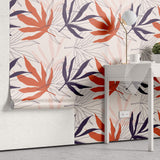 Tapet personalizat Line Art cu frunze in nuante corai desenate in stil line art - CORAL LEAVES
