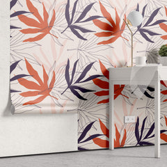 Tapet personalizat Line Art cu frunze in nuante corai desenate in stil line art - CORAL LEAVES
