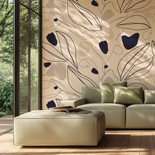 Tapet personalizat Line Art cu plante abstracte in nuante de bej - BEIGE LINE TULIPS