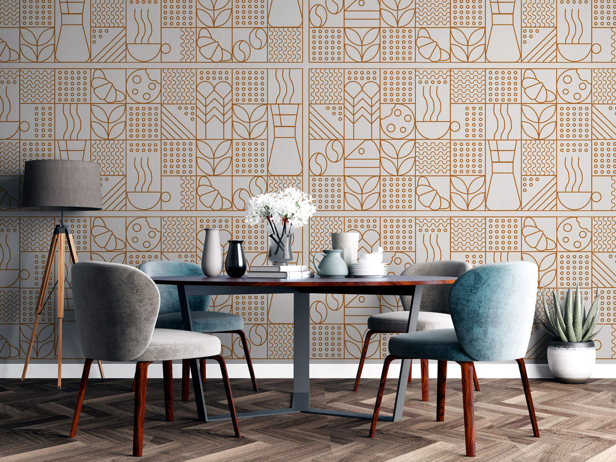 Tapet personalizat Line Art cu model minimalist cu elemente specifice ritualului de dimineata - GOOD MORNING