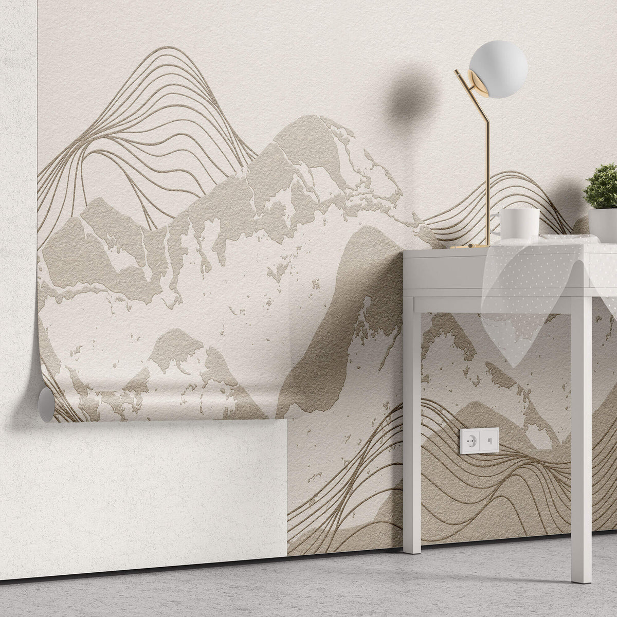 Tapet personalizat Line Art cu peisaj montan cu munti texturati in nuante de bej - FREQUENCY MOUNTAINS