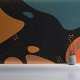 Tapet personalizat Line Art cu forme fluide abstracte in nuante de portocaliu si turcoaz pe un fundal negru - MIDNIGHT FLUIDITY
