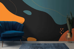 Tapet personalizat Line Art cu forme fluide abstracte in nuante de portocaliu si turcoaz pe un fundal negru - MIDNIGHT FLUIDITY