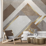 Tapet personalizat modern cu forme asimetrice moderne in nuante maro cu detalii aurii asimetric leather