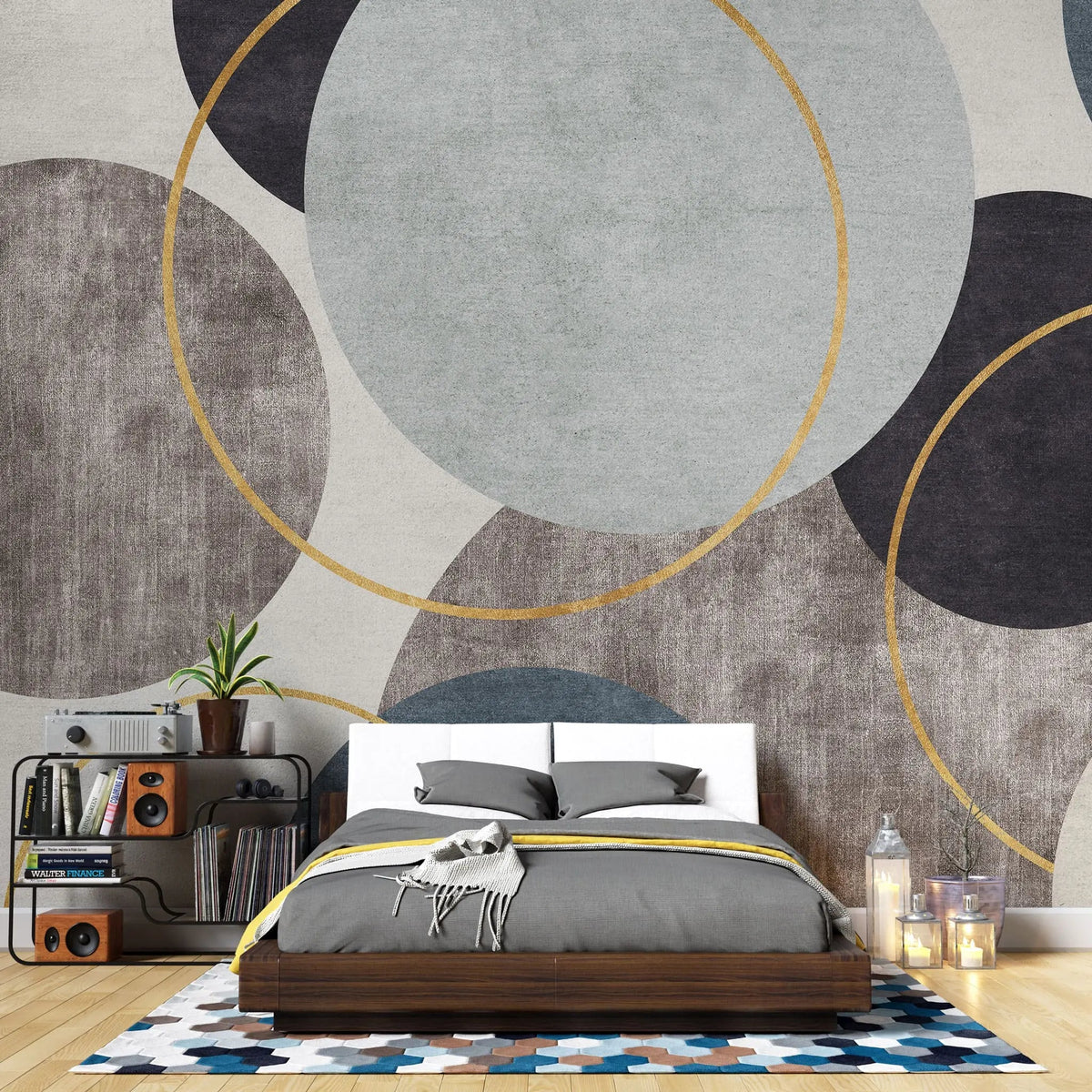 Tapet personalizat modern cu cercuri colorate cu textura si detalii aurii textured circles