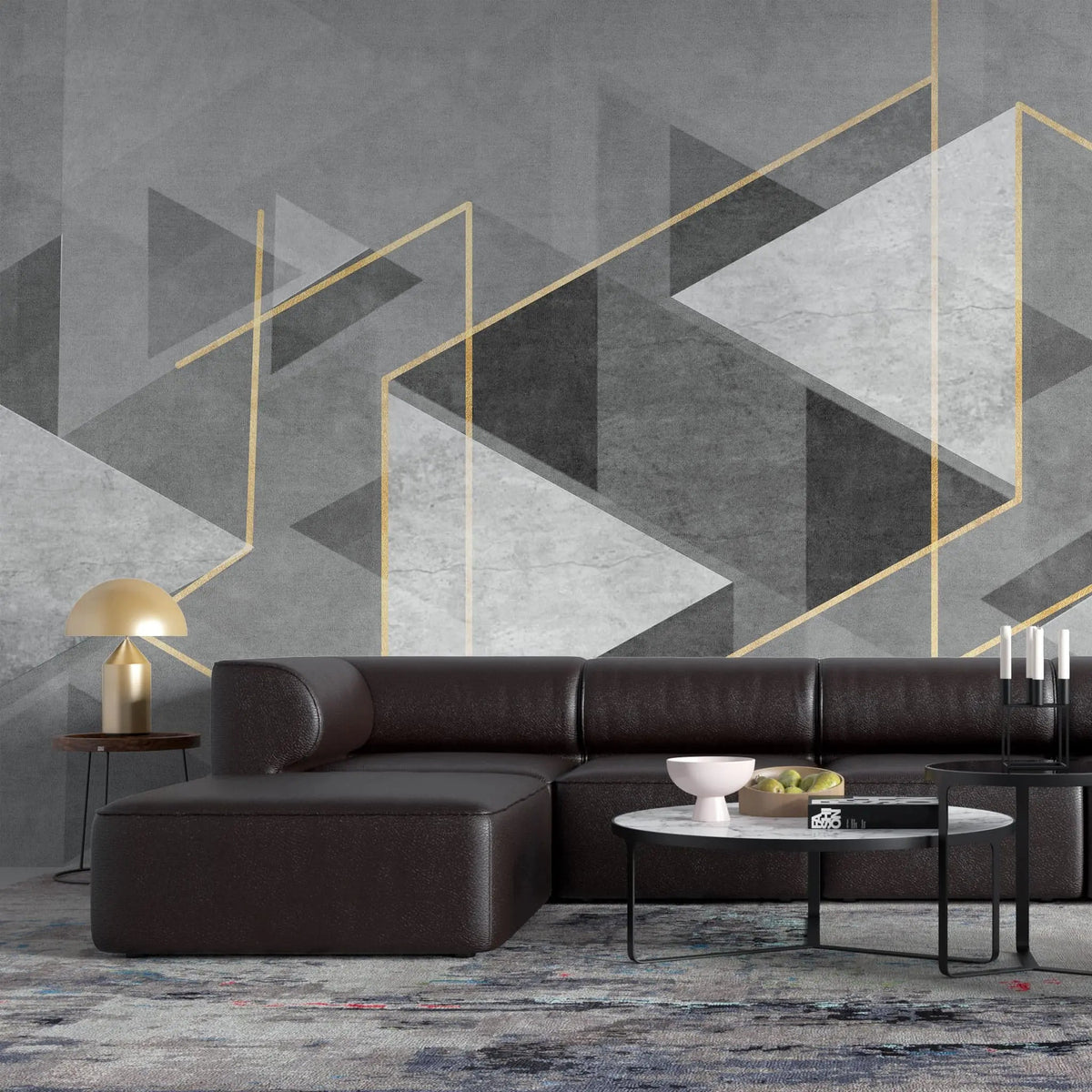 Tapet personalizat modern cu forme abstracte in nuante de gri si detalii aurii the grey illusion
