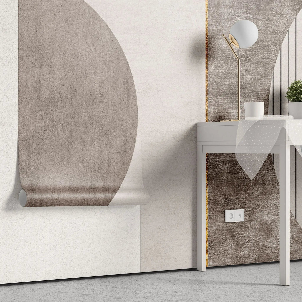 Tapet personalizat modern cu cercuri simetrice in nuante de bej si albastru intr un design unic twin circles