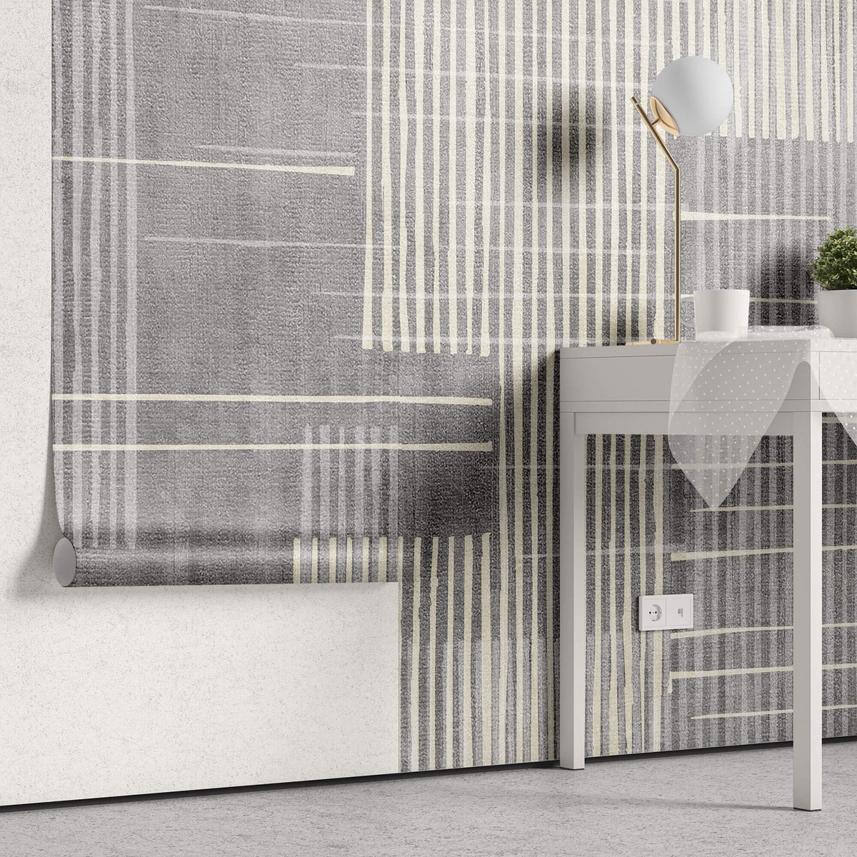 Tapet personalizat Modern cu dungi bej si gri pe un fundal texturat tip plaster - PLASTERED STRIPES