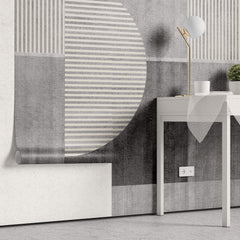 Tapet personalizat Modern cu semicercuri in dungi bej pe un fundal gri plaster - HALF CIRCLE STRIPES