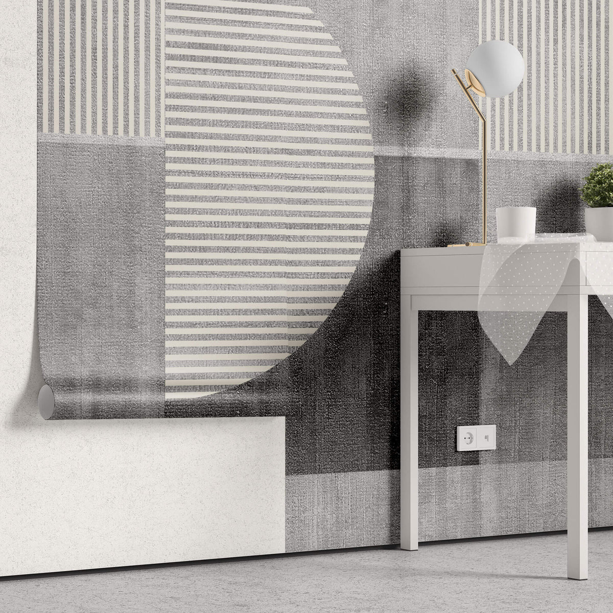 Tapet personalizat Modern cu semicercuri in dungi bej pe un fundal gri plaster - HALF CIRCLE STRIPES