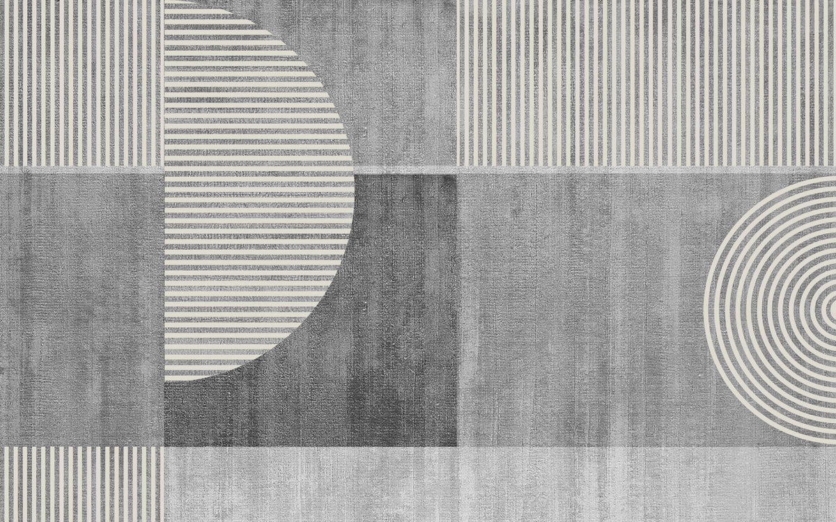 Tapet personalizat Modern cu semicercuri in dungi bej pe un fundal gri plaster - HALF CIRCLE STRIPES