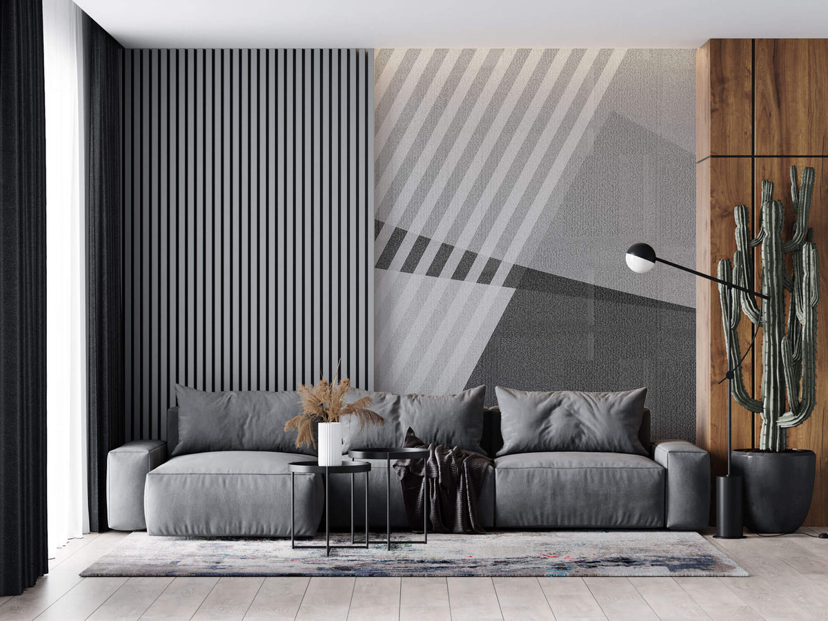 Tapet personalizat Modern cu dungi si forme geometrice diagonale in nuante de gri - GRAY DIAGONAL