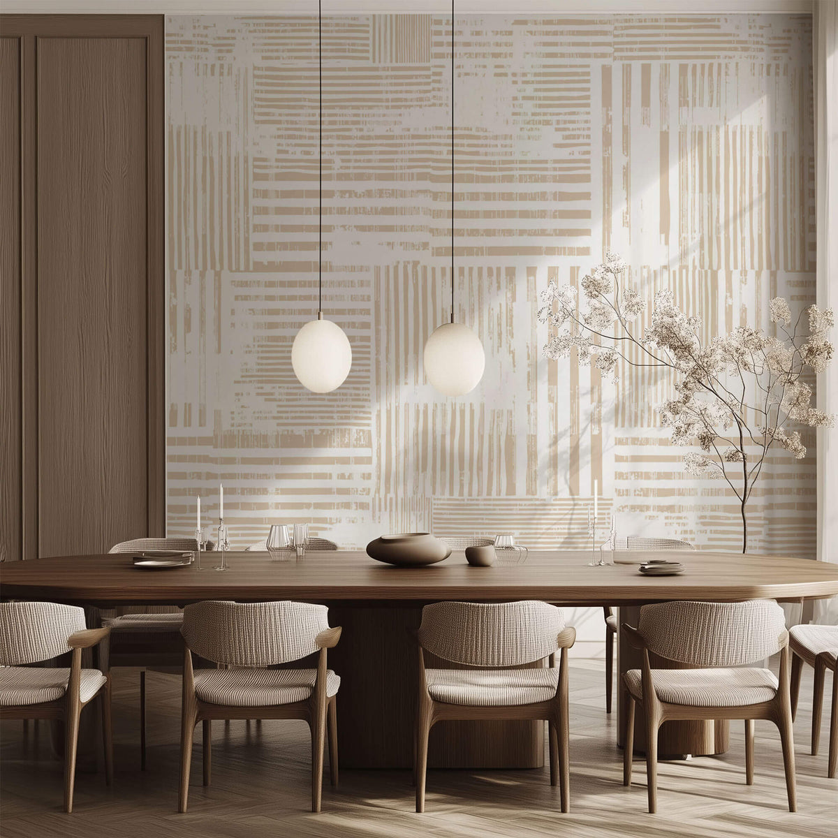 Tapet personalizat Modern cu dungi abstracte in nuante de bej cald si alb - MODERN BEIGE