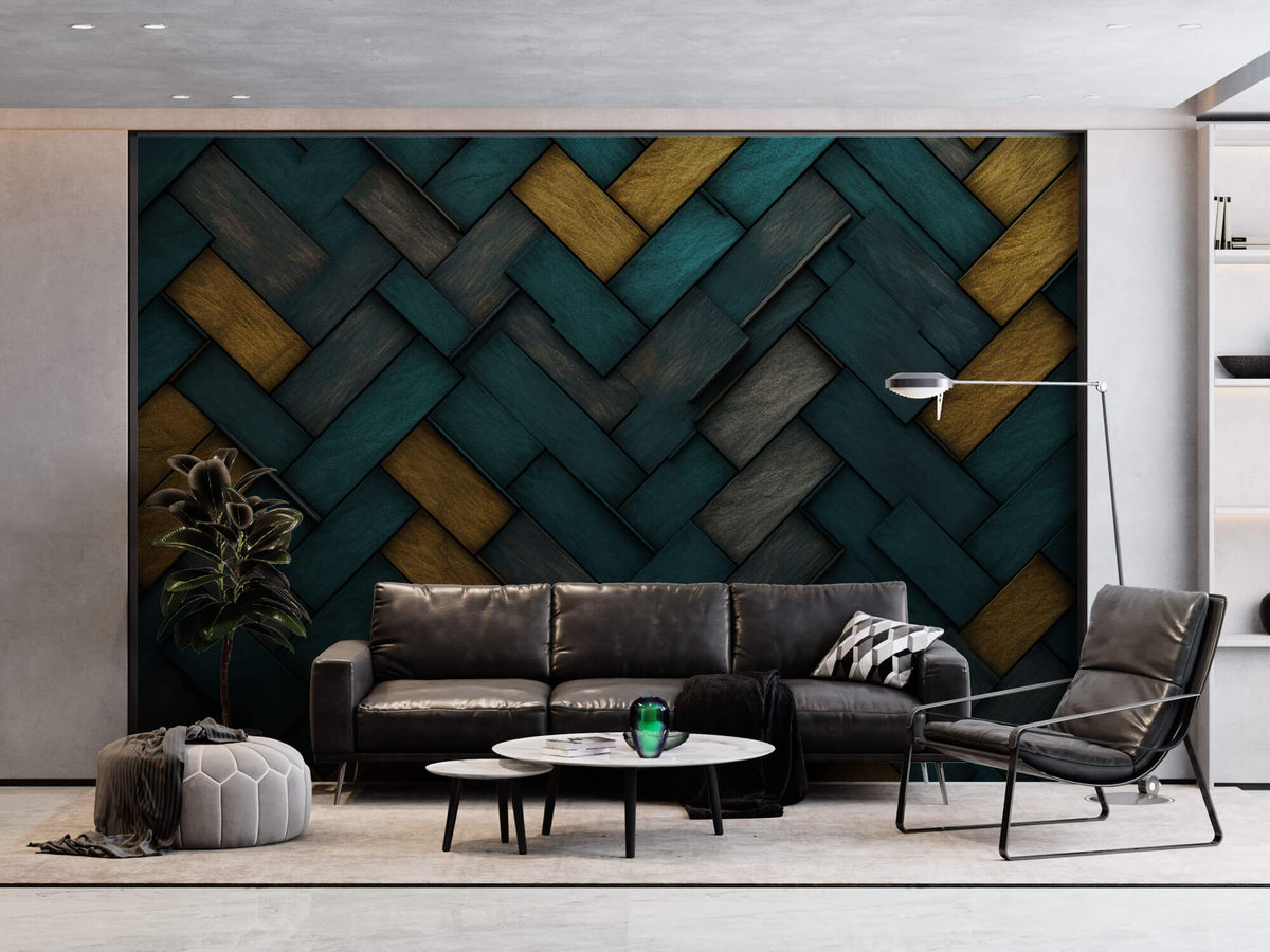 Tapet personalizat Modern cu placi diagonale de lemn in nuante de turoaz si galben - TURQUOISE WOOD