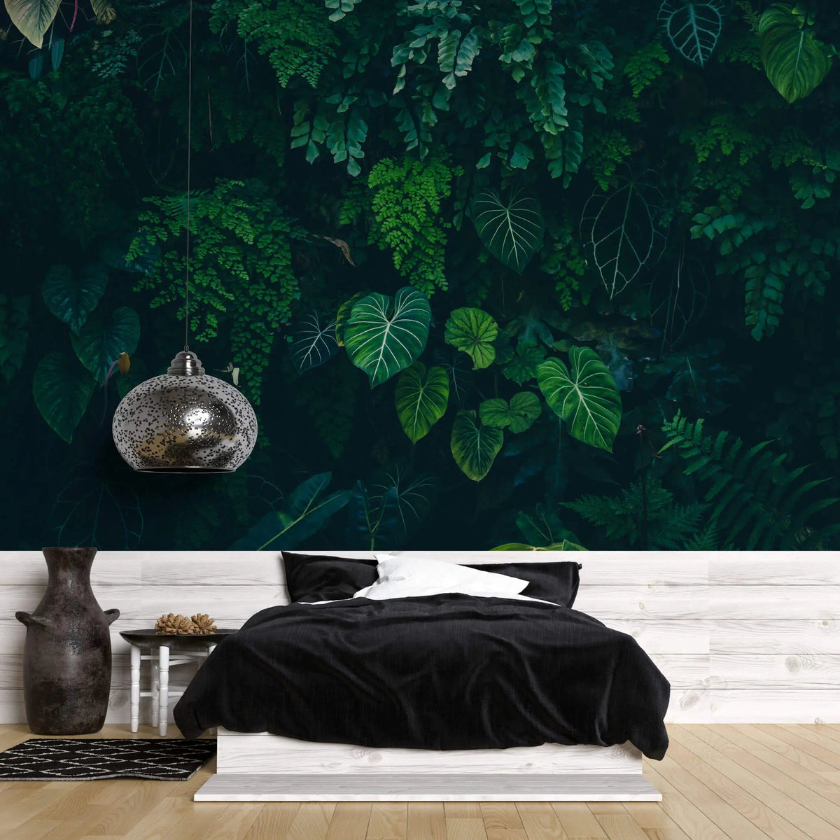 Tapet personalizat forest cu frunze verzi intr un fundal intunecat tropical dark