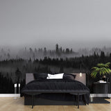 Tapet personalizat forest alb negru cu padure de conifere aflata in ceata black 'n white fog