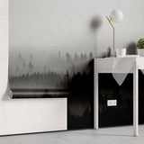 Tapet personalizat forest alb negru cu padure de conifere aflata in ceata black 'n white fog