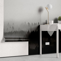 Tapet personalizat forest alb negru cu padure de conifere aflata in ceata black 'n white fog