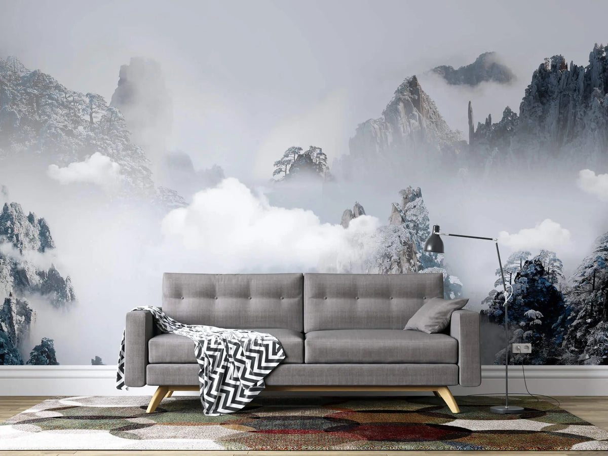 Tapet personalizat forest cu munti inzapeziti aflati in ceata foggy mountains